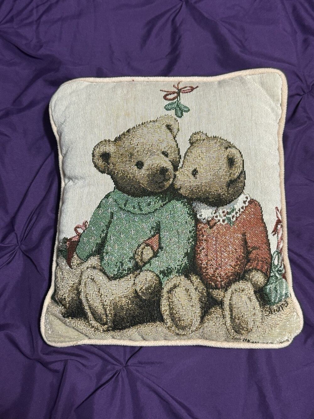 Vintage Christmas Bear Pillow Decor Grandma Core Vibes Holiday Stained